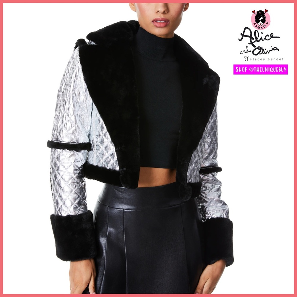 Alice + Olivia Luisana Vegan Leather Quilted Metallic Fur Combo Jacket Coat